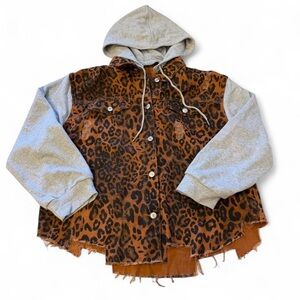 Leopard Print Hoodie Shacket Jacket Women’s 2XL Boho Baddie Moto Grunge Brown